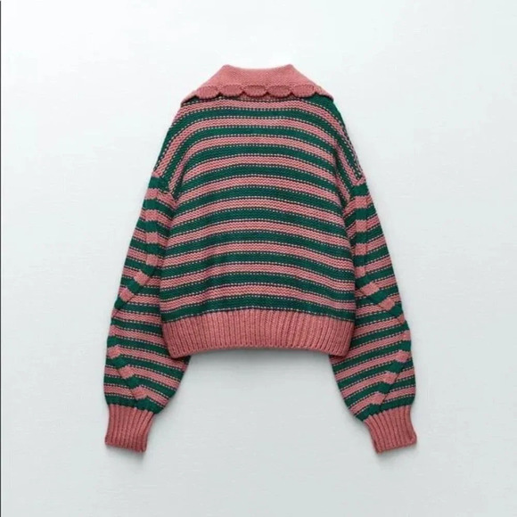 Zara Blogger Fave Striped Textured Knit Peter Pan Collared Sweater Pink & Teal M - Picture 4 of 10